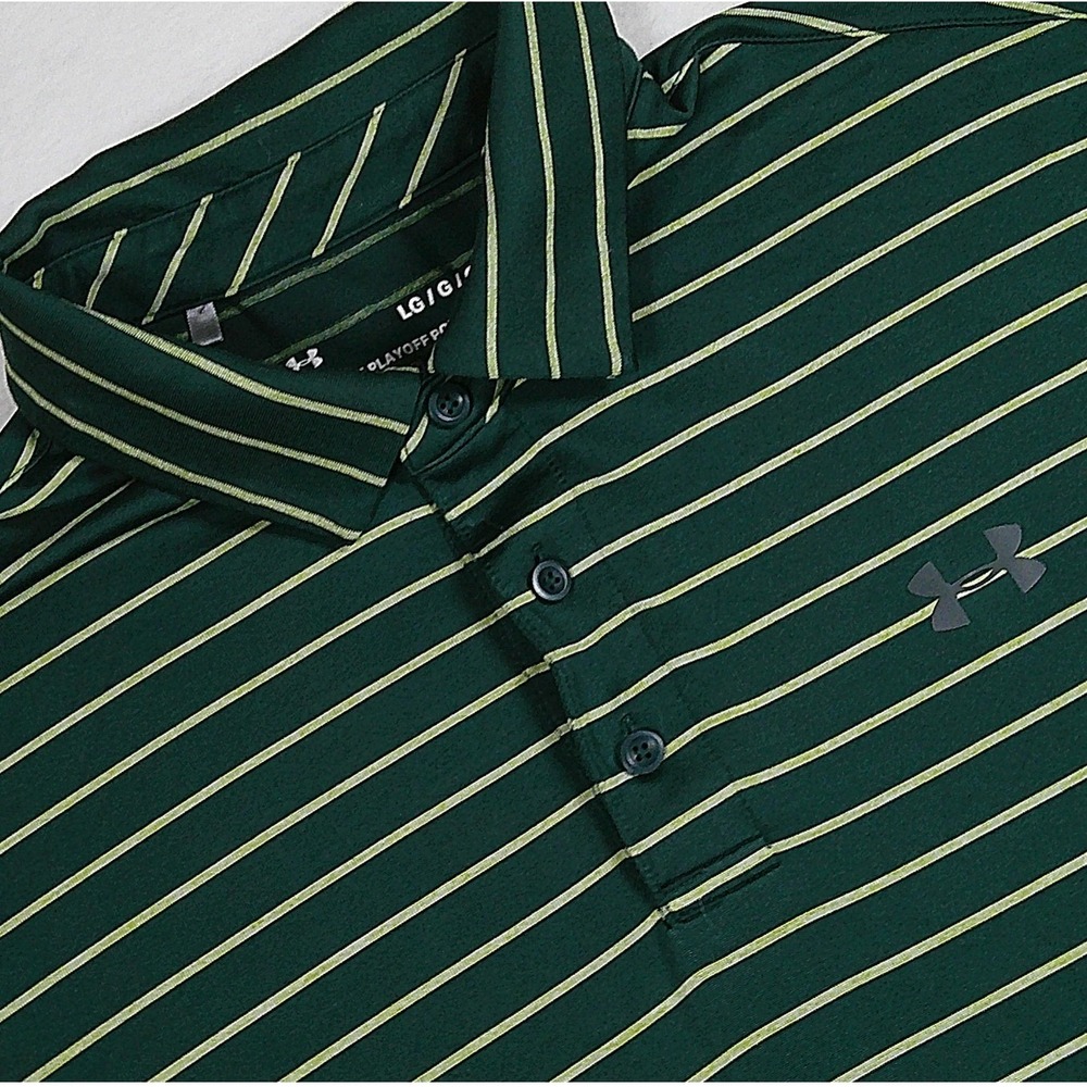 Under Armour Playoff Polo Mens Large Green Striped Golf Performance Shirt LG
